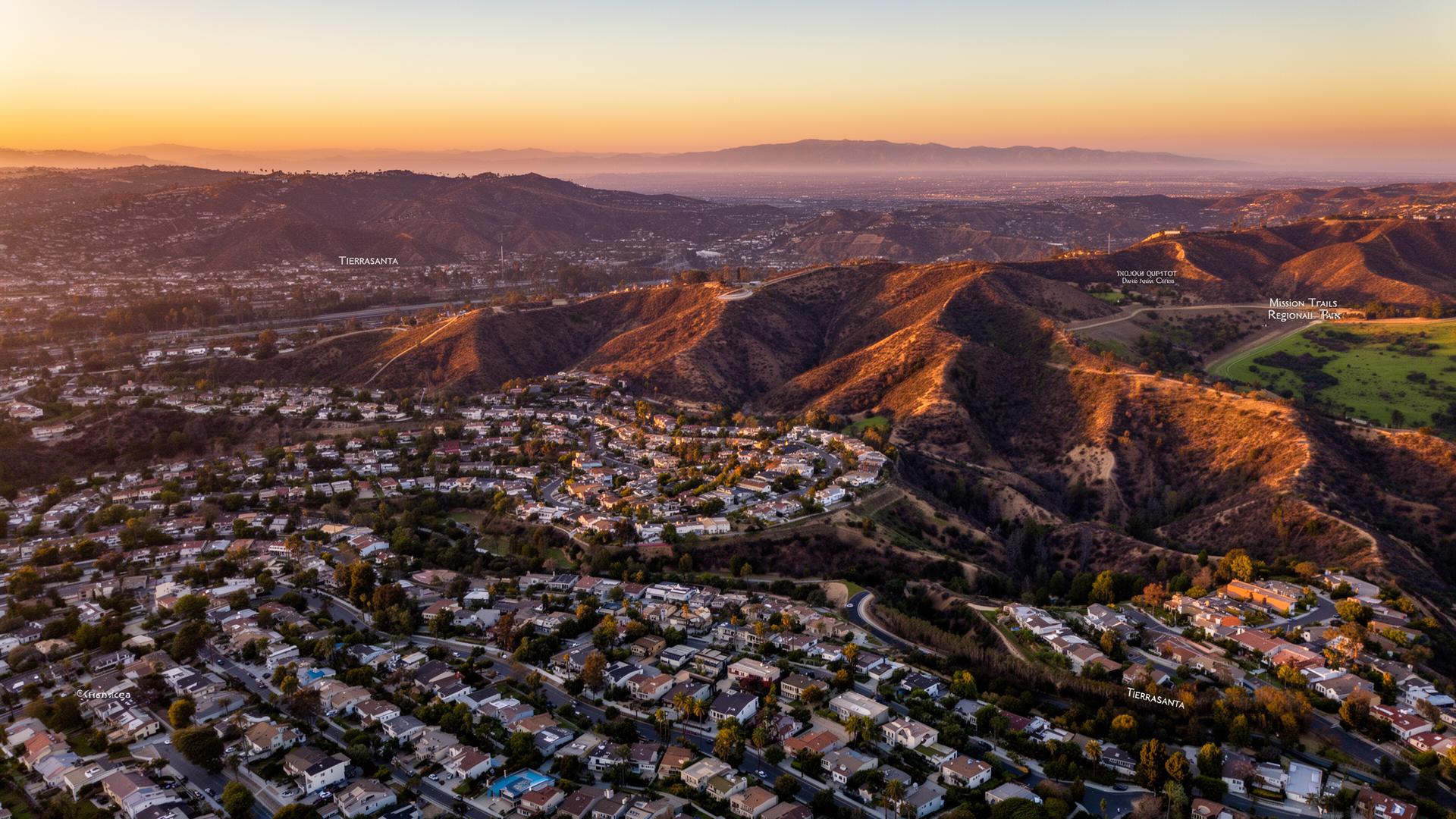 Aerial view of Tierrasanta at golden hour